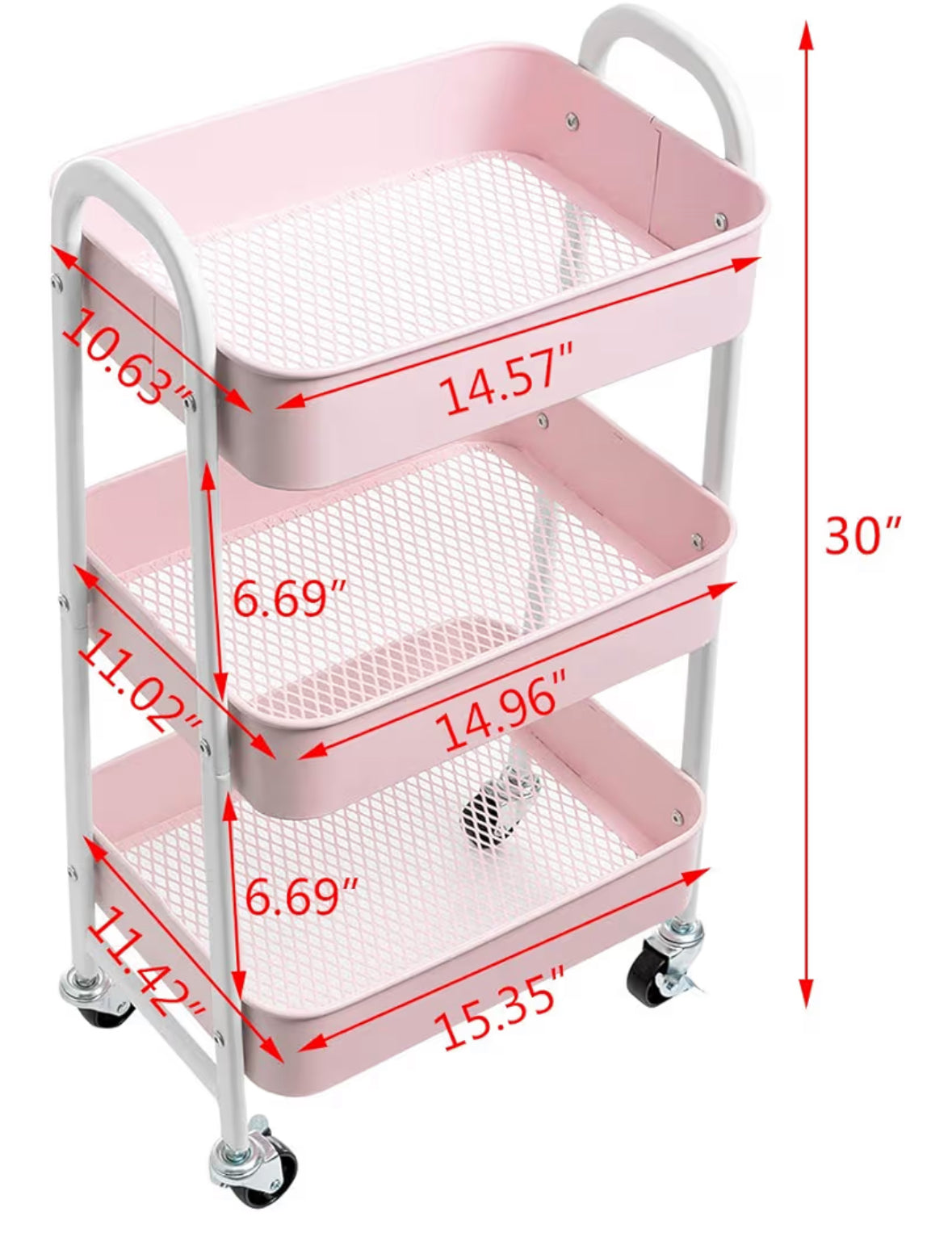Clearance-Makeup Cart, Movable Rolling Organizer Cart, 3 Tier Metal Utility Cart, White - Pink