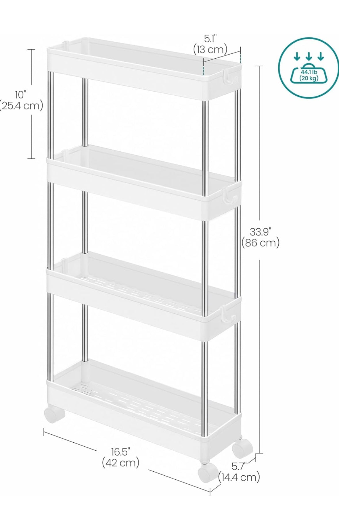 Clearance-Slim Storage Cart, 4-Tier Rolling Cart, Narrow Utility Cart on Wheels, 6 Hooks, 360° Swivel Wheels, Lockable, Steel Frame, Bathroom, Kitchen, Office, Cloud White