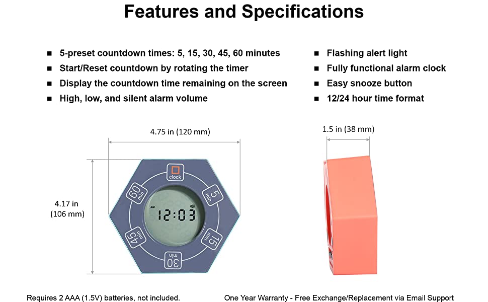 Home & Office Timer with Clock, 5,15, 30, 45, 60 Minute Preset Countdown Timer, Easy-to-Use Time Management Tool (Black)