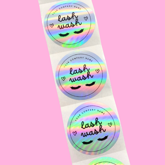 2" round holographic lash wash labels with custom company name