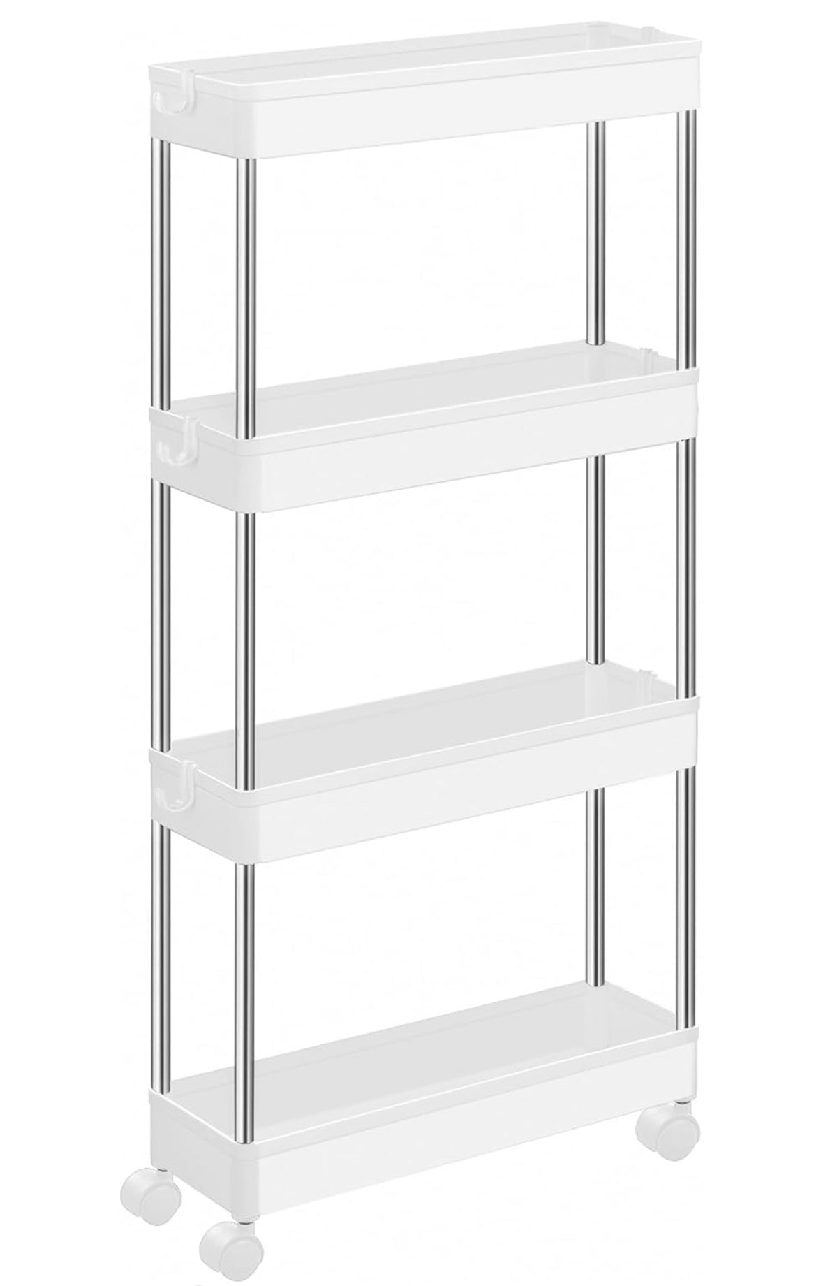 Clearance-Slim Storage Cart, 4-Tier Rolling Cart, Narrow Utility Cart on Wheels, 6 Hooks, 360° Swivel Wheels, Lockable, Steel Frame, Bathroom, Kitchen, Office, Cloud White