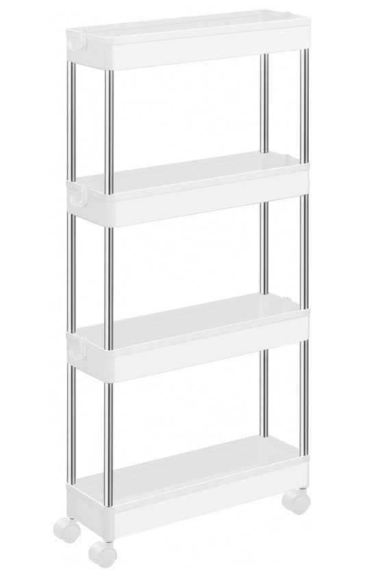 Clearance-Slim Storage Cart, 4-Tier Rolling Cart, Narrow Utility Cart on Wheels, 6 Hooks, 360° Swivel Wheels, Lockable, Steel Frame, Bathroom, Kitchen, Office, Cloud White
