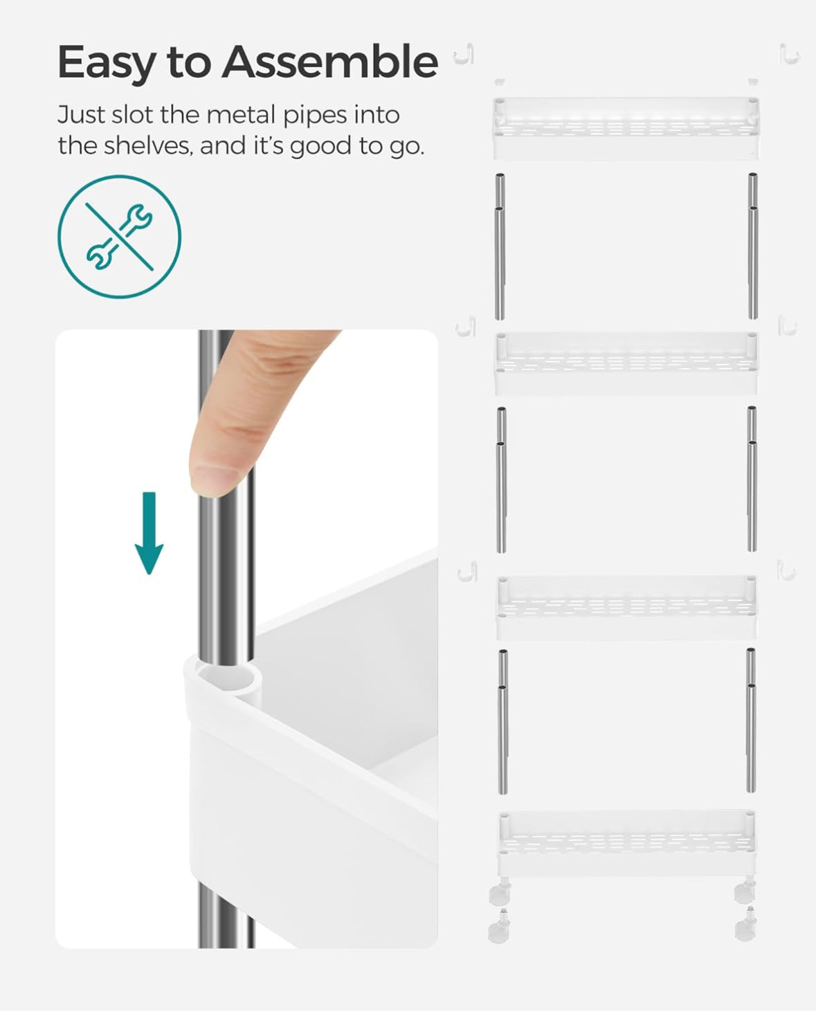 Clearance-Slim Storage Cart, 4-Tier Rolling Cart, Narrow Utility Cart on Wheels, 6 Hooks, 360° Swivel Wheels, Lockable, Steel Frame, Bathroom, Kitchen, Office, Cloud White