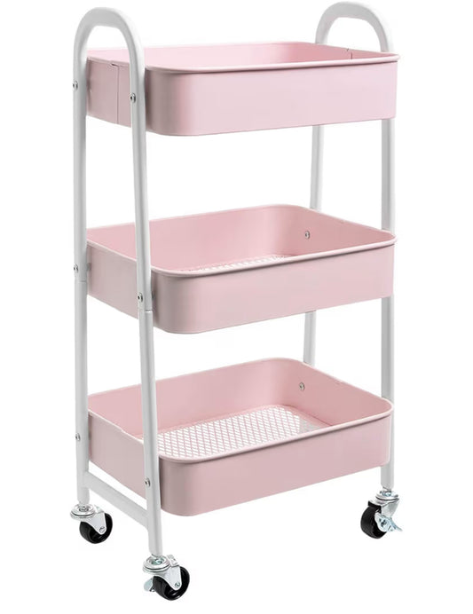 Clearance-Makeup Cart, Movable Rolling Organizer Cart, 3 Tier Metal Utility Cart, White - Pink