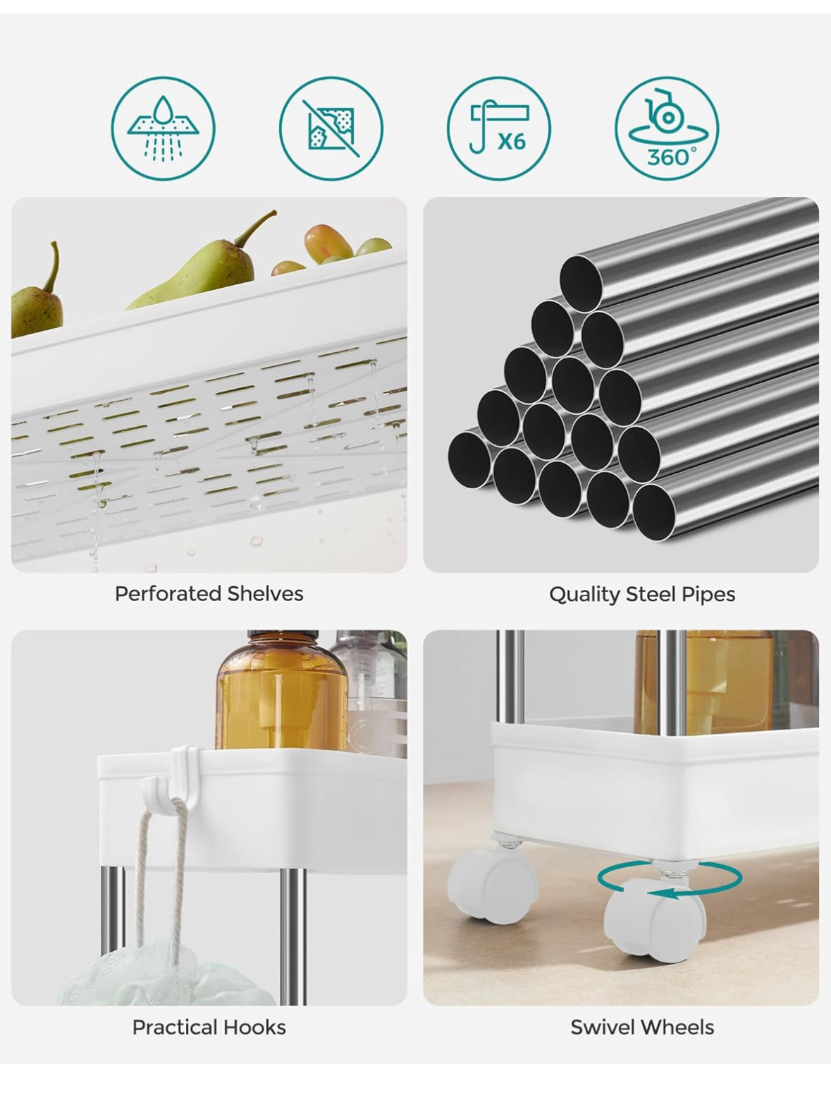 Clearance-Slim Storage Cart, 4-Tier Rolling Cart, Narrow Utility Cart on Wheels, 6 Hooks, 360° Swivel Wheels, Lockable, Steel Frame, Bathroom, Kitchen, Office, Cloud White