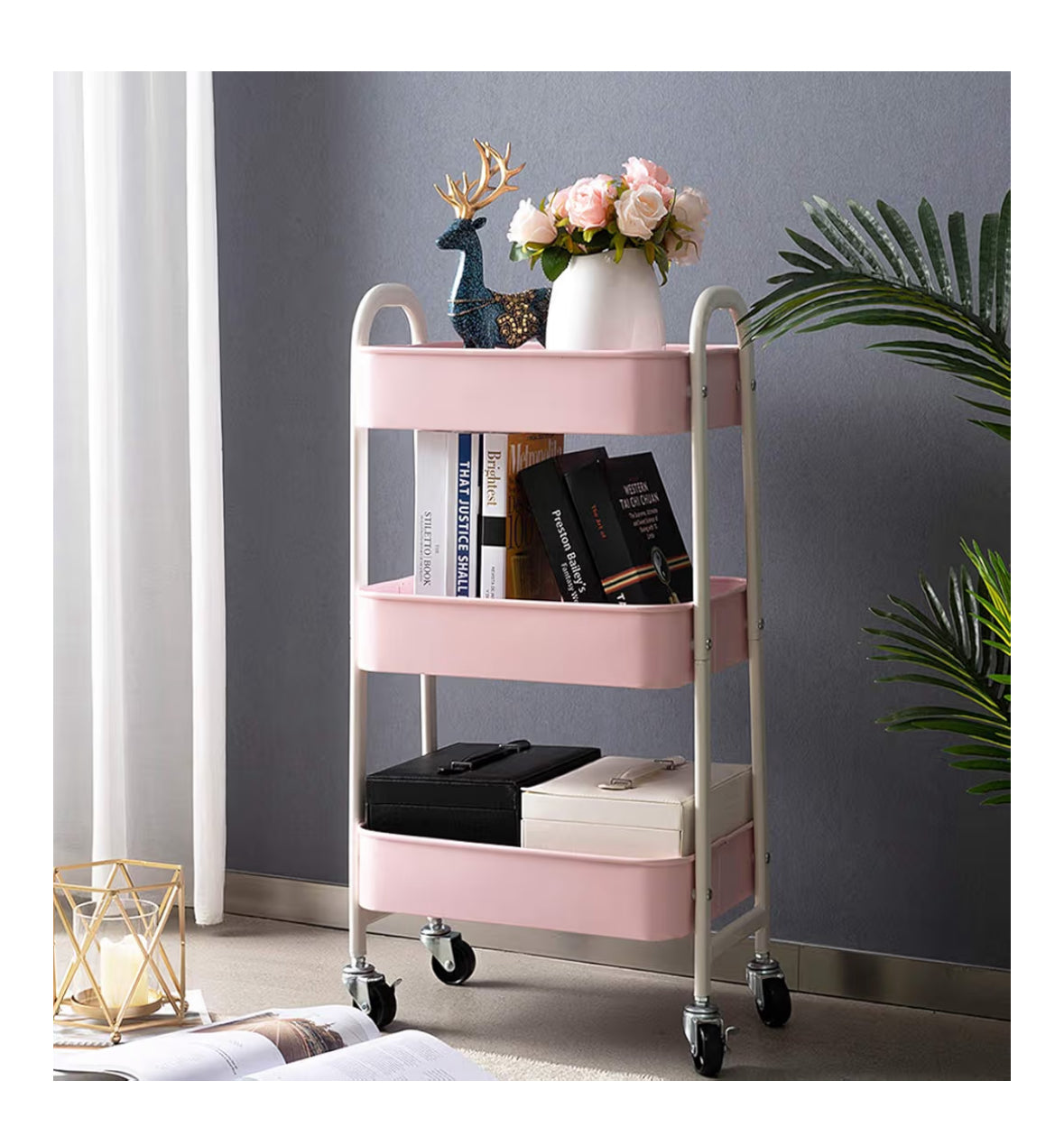 Clearance-Makeup Cart, Movable Rolling Organizer Cart, 3 Tier Metal Utility Cart, White - Pink