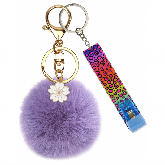 Card Grabber Card Clip For Long Nails, Cute Faux Rabbit Fur Ball Pom Pom Keychain with Card Puller